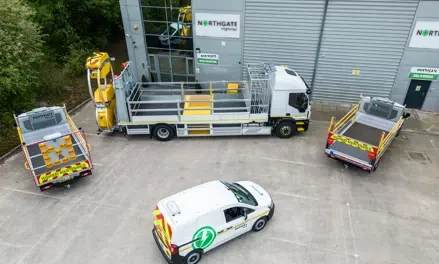Blakedale head office with traffic management vehicle range in the yard birdseye view